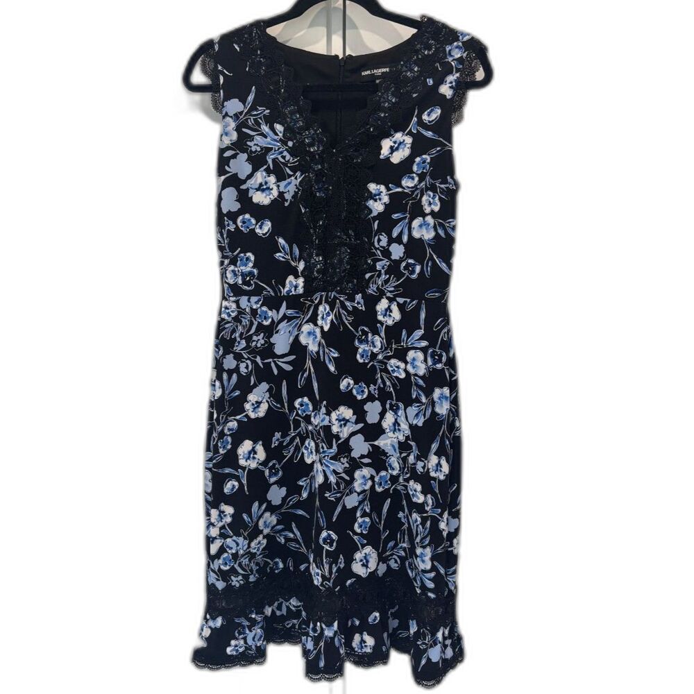 Karl Lagerfeld Paris Floral Lace Trim Dress Dark Romantic Blue Black Size 4
